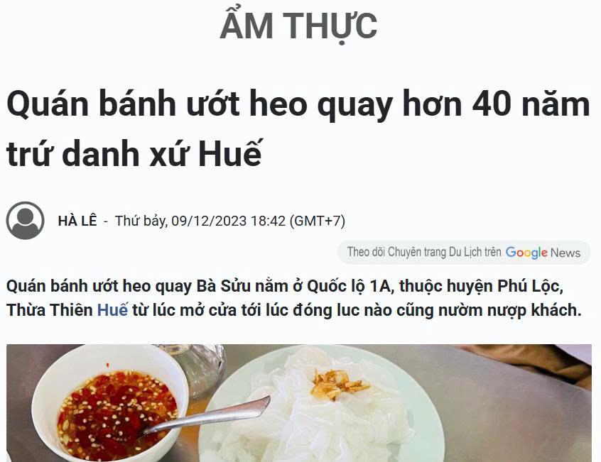Báo Lao Động nói về quán bánh ướt heo quay Bà Sửu
